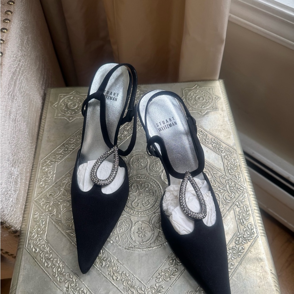 Stuart Weitzman Black Satin Heels.